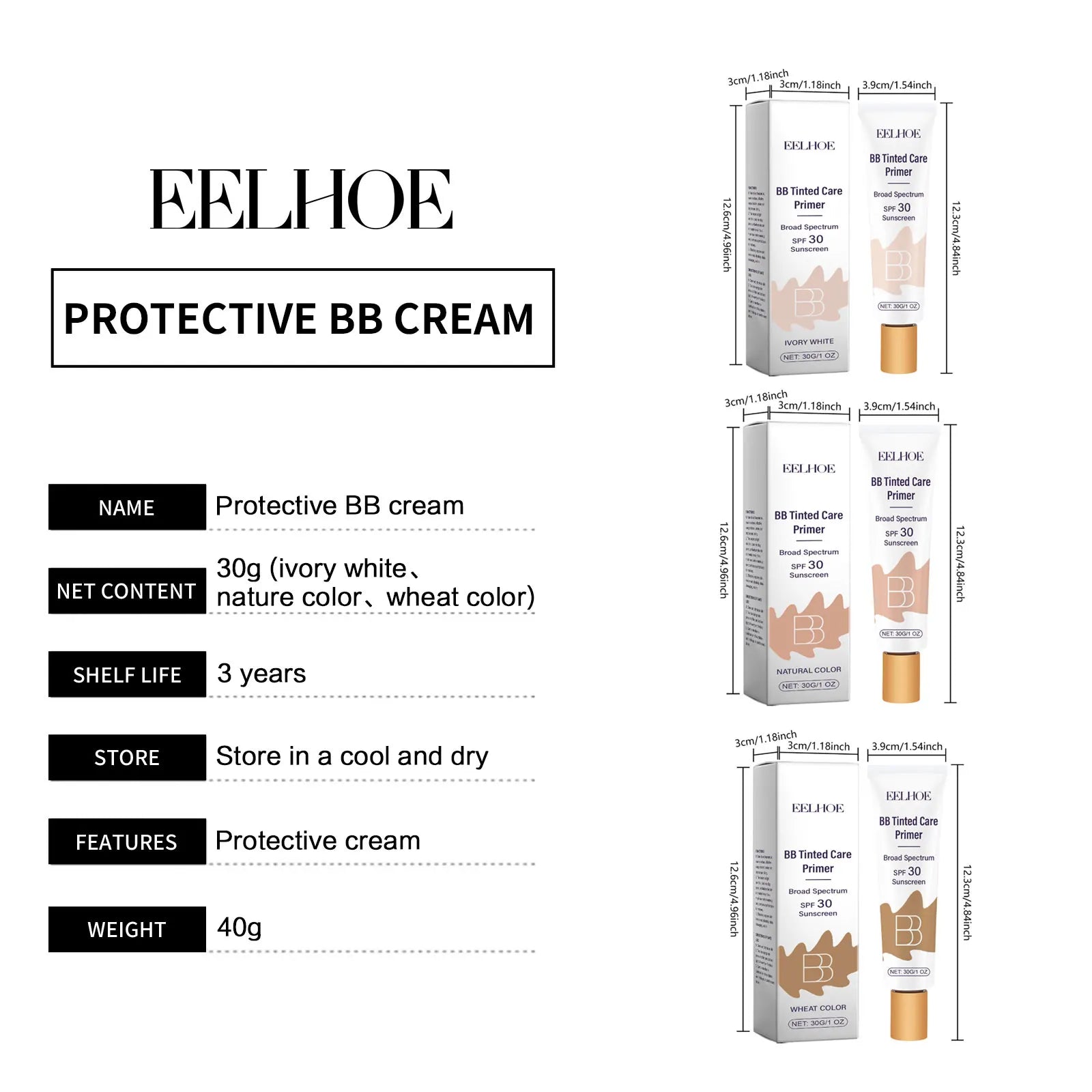 Tinted BB Cream with SPF 30 Full Coverage Invisible Pores Acne Brightening Niacinamide Nude Makeup Facial Foundation Waterproof