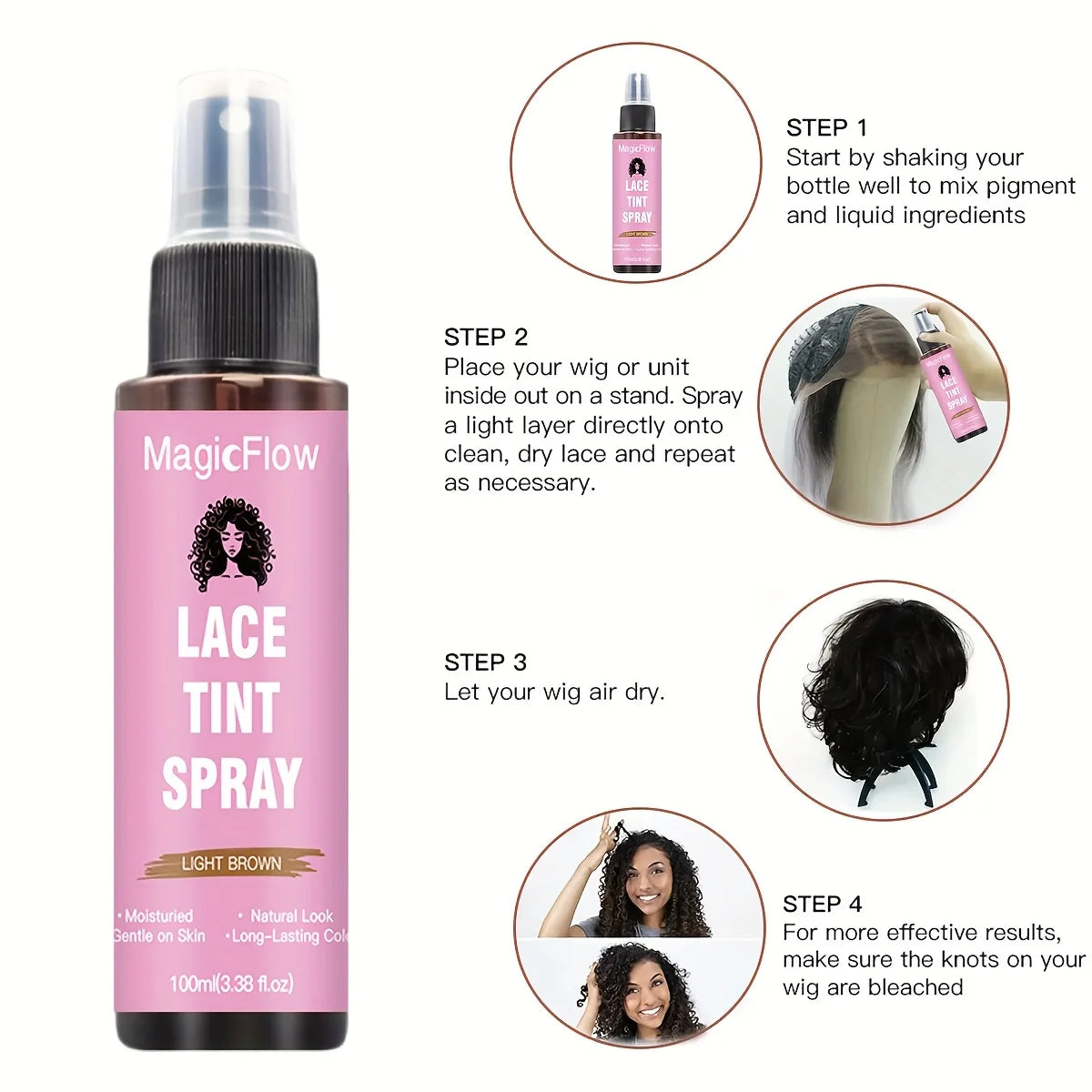 100ml/3.38fl.oz Lace Wig Tint Spray - Dark Brown, Medium Brown, Light Brown, Light Warm Brown, Quick-Drying
